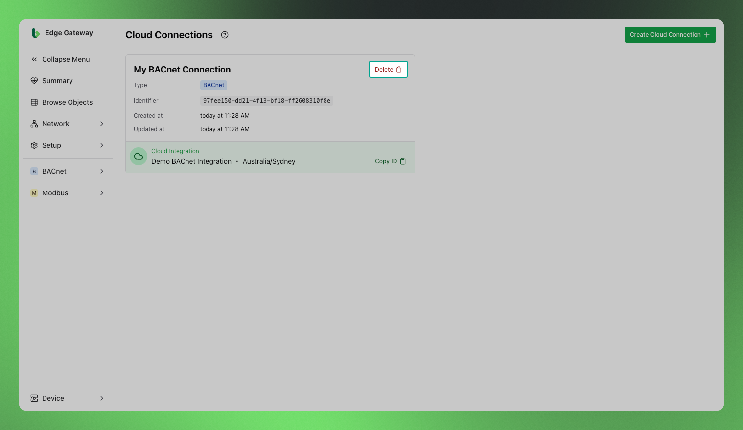Delete Cloud Connection Button